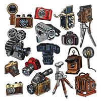 Sketch style hand drawn camera set in color vector