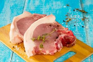 Raw meat: fresh beef pork on a wooden table photo