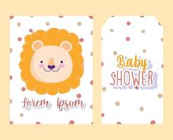 tarjeta de invitación de baby shower y etiqueta con león vector