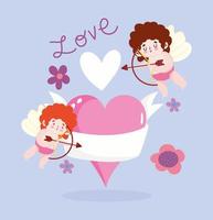 amor cupidos alados con corazones y flores vector