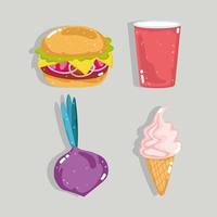 Burger, beet, ice cream, and soda vector