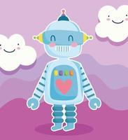 linda máquina robot de dibujos animados con nubes vector