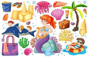 conjunto de iconos de playa de verano y estilo de dibujos animados de sirena vector