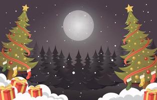 A White Christmas Night with Gifts and Evergreen Trees vector