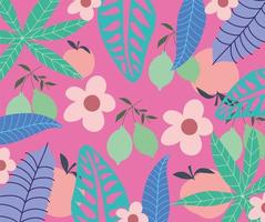 Fondo de naturaleza con hojas, frutas y flores. vector