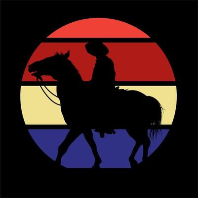 Cowboy and horse silhouette on striped circle