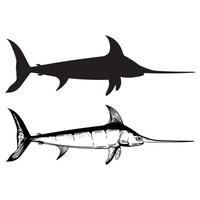 pez espada en blanco y negro y silueta vector