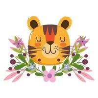 Cute tiger head with flowers and foliage decoration vector