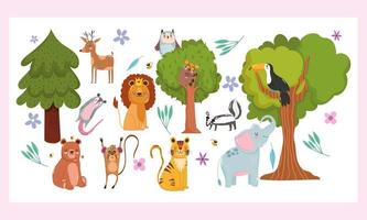 árboles, animales y bosque naturaleza salvaje caricatura vector