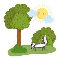 Cute skunk in tree and bushes vector