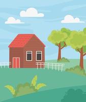Landscape cottage with fence, trees, garden and meadow vector