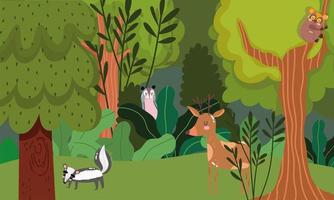 Deer, opossum, and skunk. Animals in forest trees vector