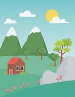 Landscape rural house with flowers, stones, and mountains vector