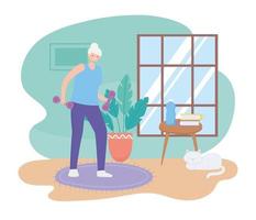 Senior woman lifting weight indoors vector