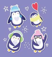 pingüinos divertidos con sombreros, gafas y bufanda vector