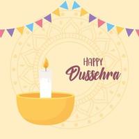 feliz festival de dussehra. lámpara diya y decoración del empavesado vector