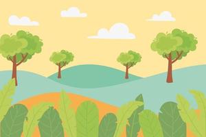 Landscape hills, trees, leaves, foliage, and meadow  vector
