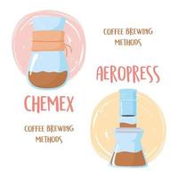 Coffee brewing methods. Chemex and Aeropress processes vector