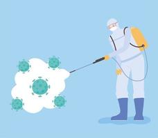 Disinfection concept with worker in protective suit vector