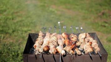 kip en varkensvlees gegrild op houtskool in een barbecue. vlees roteert en heeft een gouden huid. het verplaatsen van de camera video