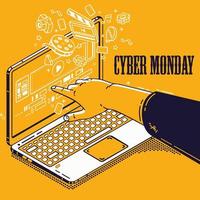 Diseño de Cyber Monday con la mano apuntando al portátil vector