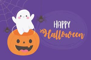 Happy Halloween. Ghost, pumpkin shaped bucket, and spiders vector
