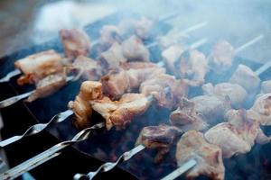 Background of crispy grilled meat and onion kebabs