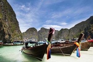 Thailand ocean landscape. Exotic beach view and traditional ship