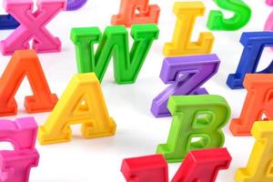 Plastic colorful alphabet letters close up on a white photo