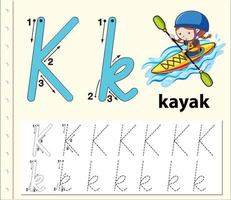 Letter K tracing alphabet worksheet with kayak vector