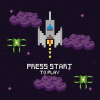 Video game space scene with press start message vector