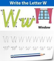 Letter W tracing alphabet worksheet with window vector