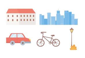 Building, cityscape, car, bike and lamp icons set vector