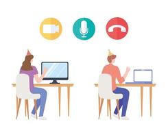 Woman and man with party hat and computer vector