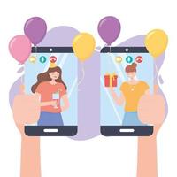 Hands with mobile and people in video call vector