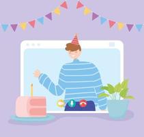 Online party. Happy man in video call celebrating  vector