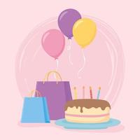 Decoración de fiesta, pastel de cumpleaños, regalos y globos. vector