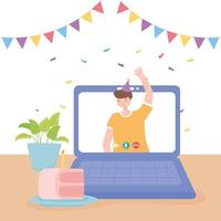 Young man waving hand in video call celebration vector