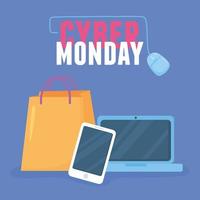 Cyber Monday. Shopping bag, laptop, and smartphone app vector