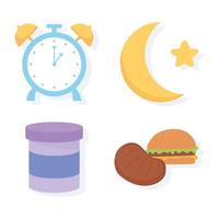 insomnio. iconos de reloj, luna, comida nocturna y medicina vector