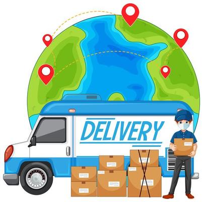 Delivery Truck or Van with Delivery Man in Blue Uniform