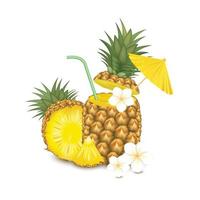 Realistic pineapple fruit cocktail with flowers  vector