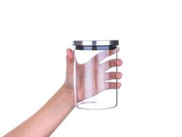 Asimiento de la mano frasco de vidrio vacío con tapa de aluminio