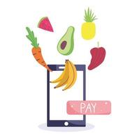 Smartphone, fruits, and pay button vector