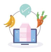 Computer, milk, fruit, vegetable and check mark vector