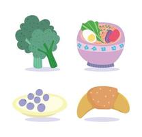 Cake, broccoli, croissant, and soup icon set vector