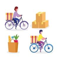 mensajero, hombre, bicicleta de equitación, con, caja, mercado, bolsa vector