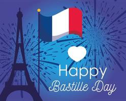 Eiffel tower and flag of happy Bastille day vector