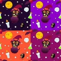 Witch cat with cauldron Halloween seamless pattern vector