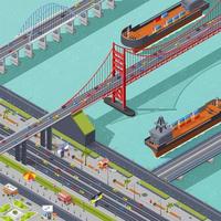 vista superior isométrica de una ciudad con puentes. vector